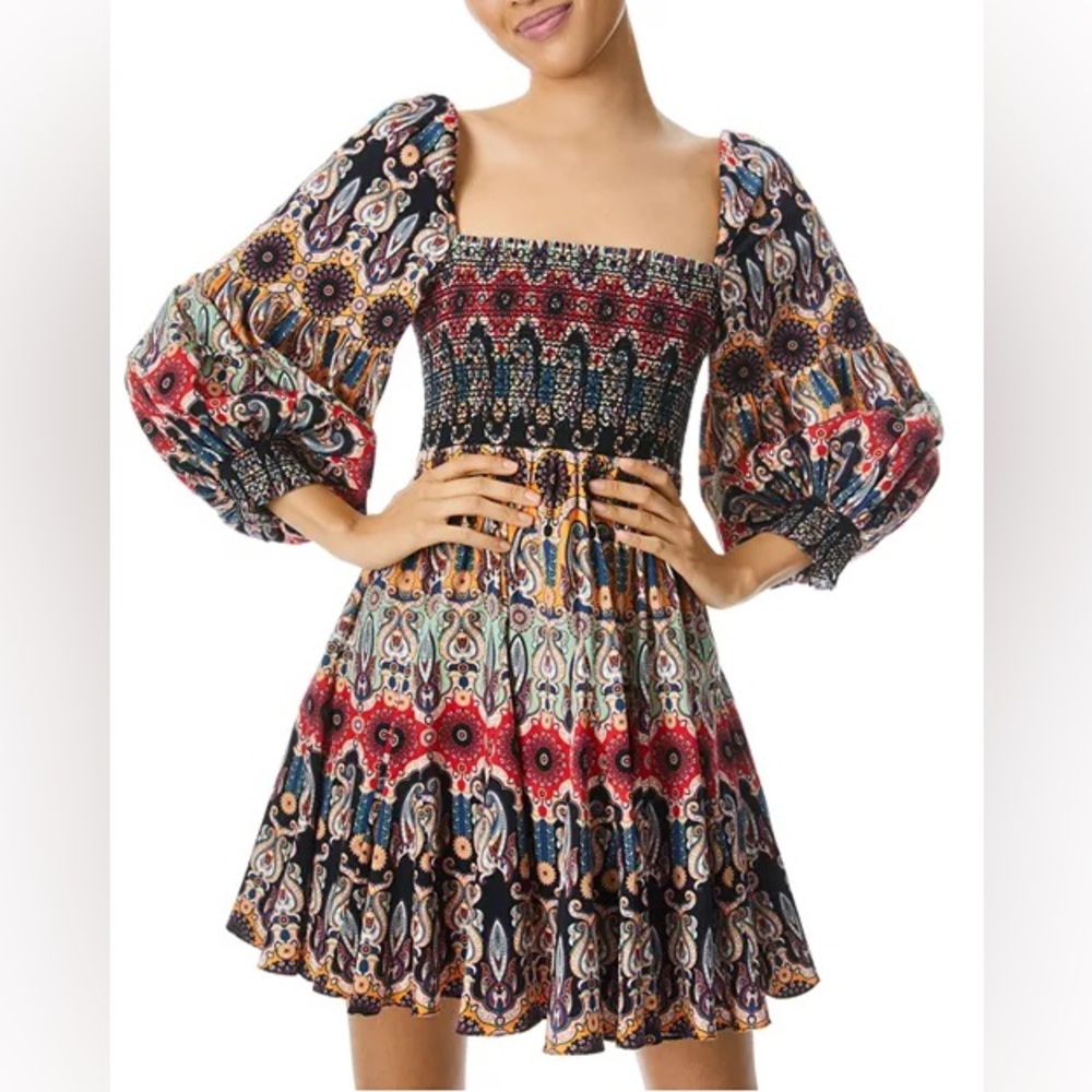 Alice + Olivia Multi-Color Paisley Mini Dress with Red and Black Accents